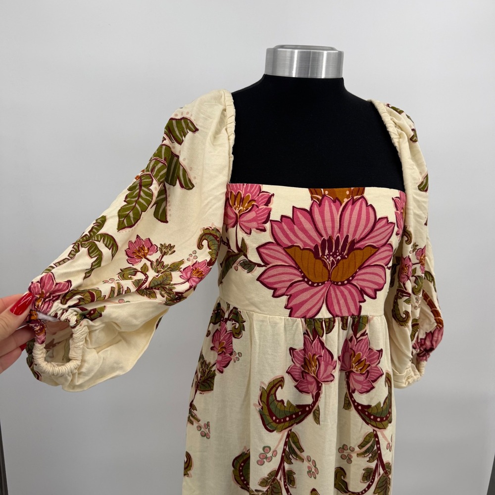 Farm Rio Tropical Floral Palm Tree Puff Sleeve Maxi Dress Cream Pink Green Small - Picture 15 of 16